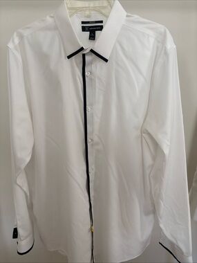 Inc International Concepts Men's White Long Sleeve Dress Shirt Black Trim XL